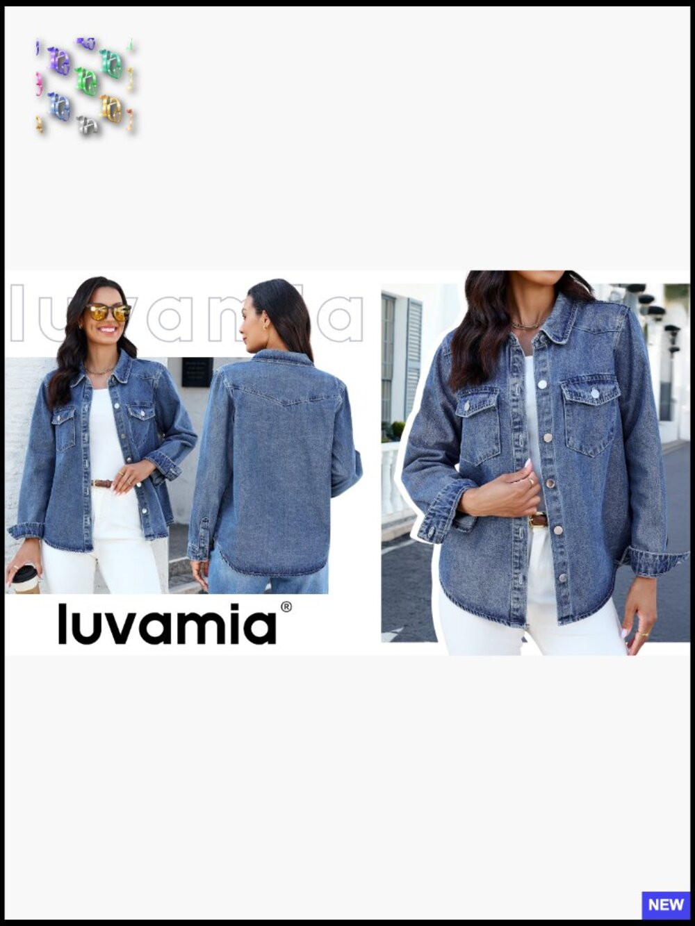 Distressed Denim Jacket Relaxed Fit Button Down Trucker Shacket Long Sleeve - Picture 7 of 7